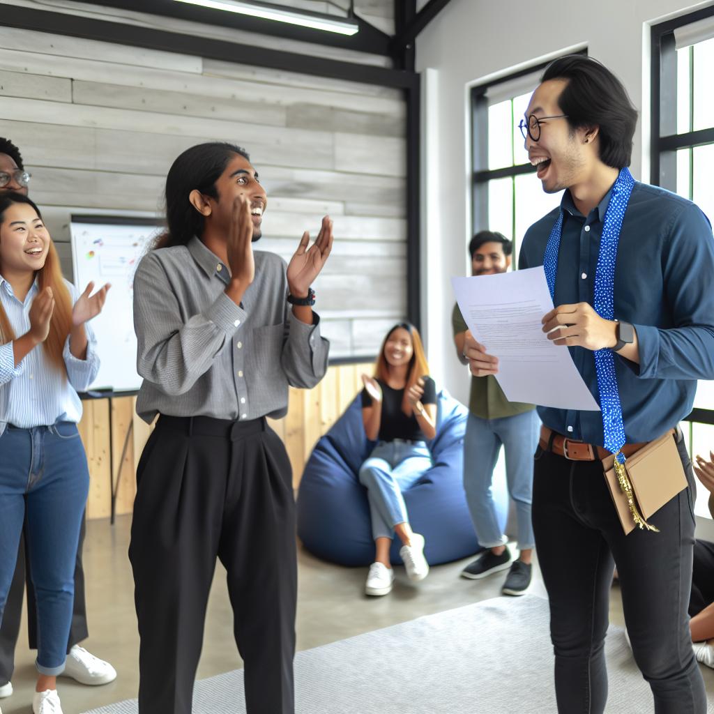 A manager giving praise to a team member for a job well done, surrounded by a motivated and engaged team in a very casual setting
